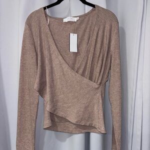 ASTR Ribbed Wrap-Front Long Sleeve Top in Taupe